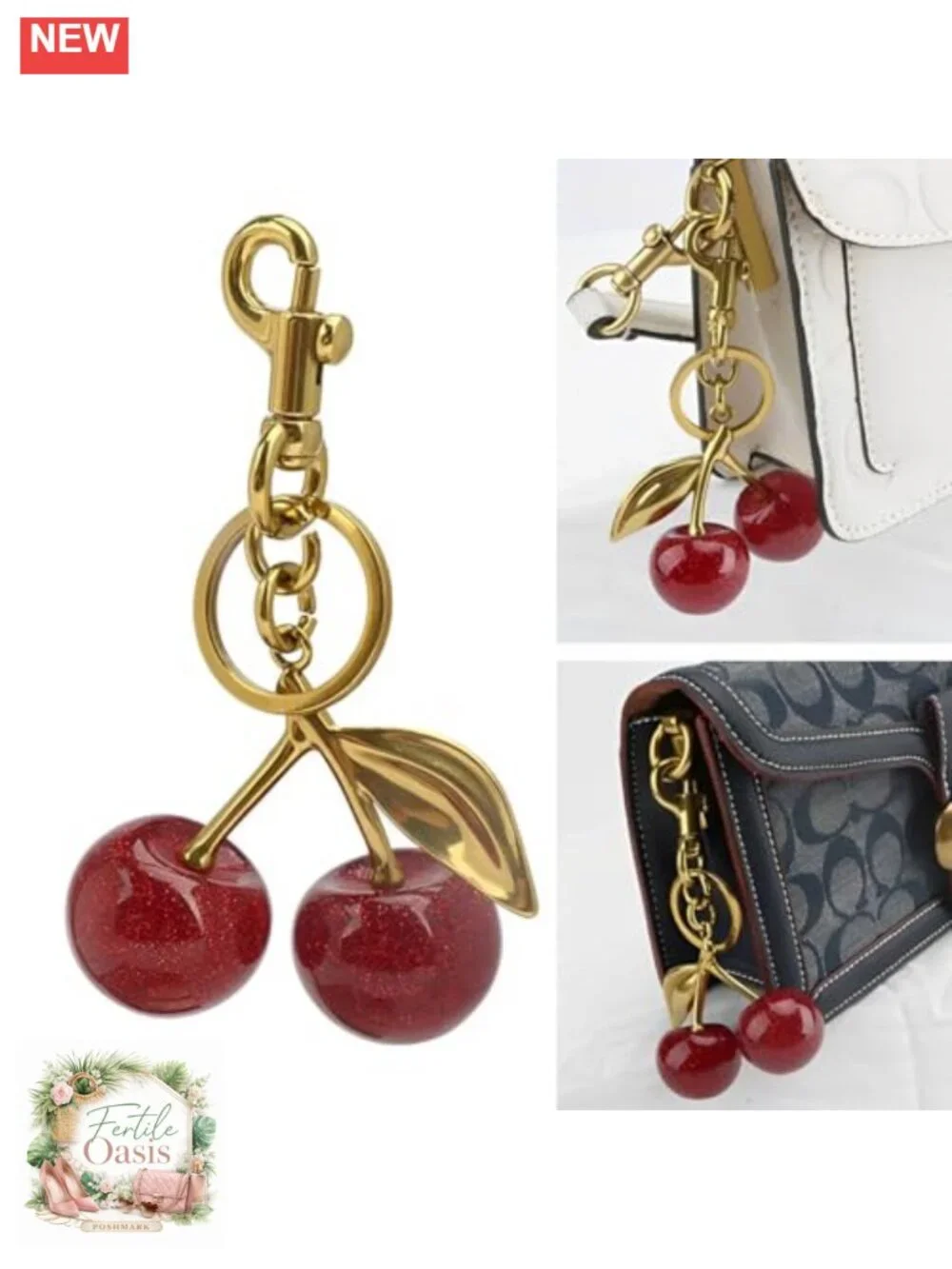 Cherry Keychain Bag Charm Purse Accessory Metal Resin Food Fruit
